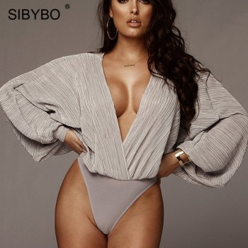 Sibybo Deep V-Neck Patchwork Sexy Bodysuit Women Fashion Long Sleeve Loose Women Rompers Spring Casual Bodysuit Jumpsuit 2020